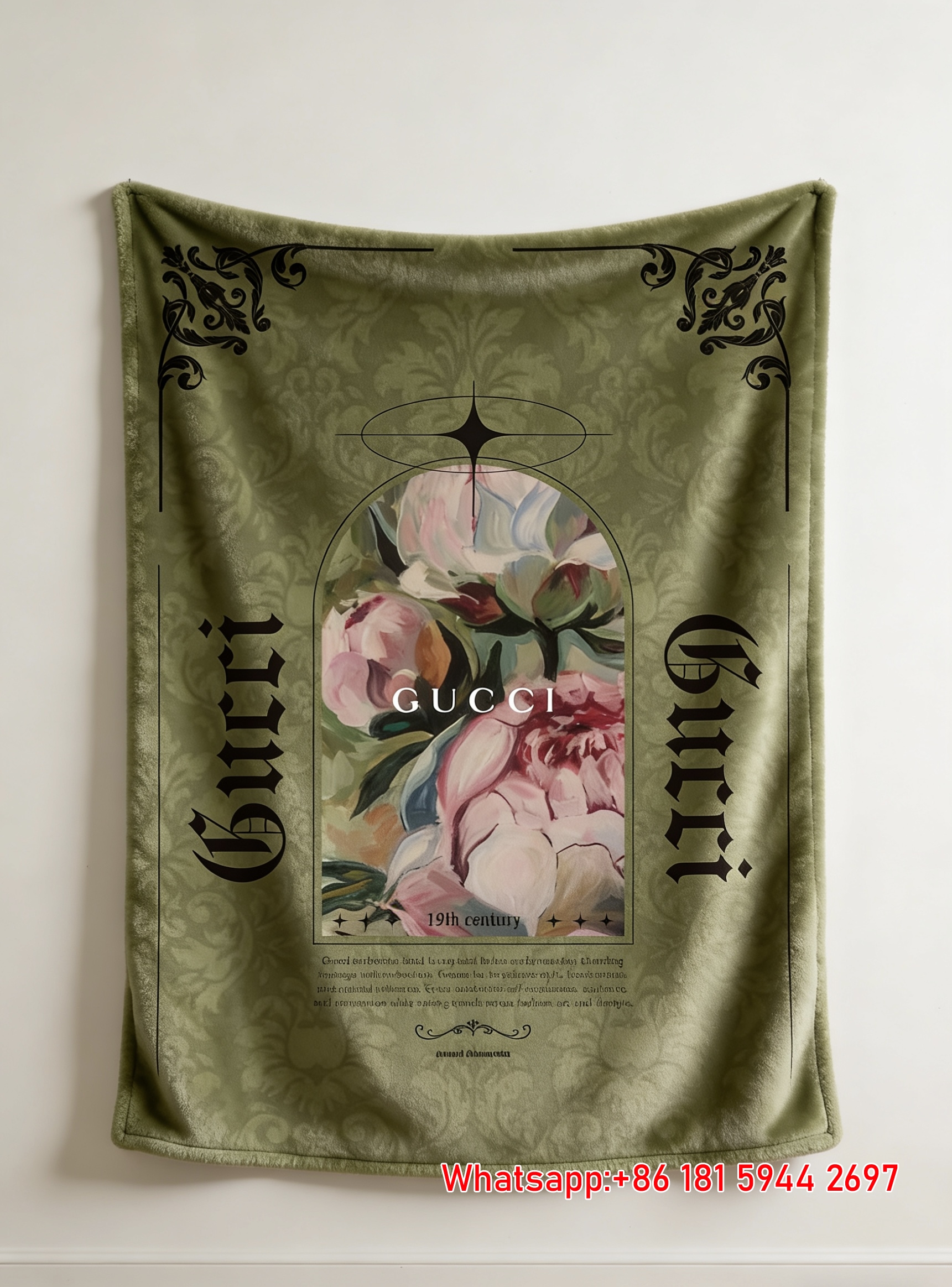 Gucci Vintage Green Damask Peony Flannel Sofa Throw Blanket IMG_4744